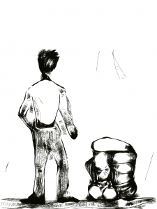 가상 로보트와 남자의 뒷 모습 그림 이미지