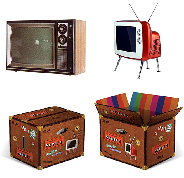 클래식 TV 디자인의 영감을 불러일으킨 과거 LG TV와 제품 패키지의 모습이다.