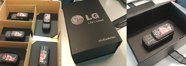 휴대폰과 같은 모양으로  휴대폰 상자에 들어있는 LG 초콜릿폰 케이크의 모습