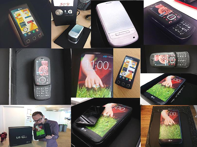 다양한 종류의 LG 휴대폰과 같은 모양의 케이크들이 있다.