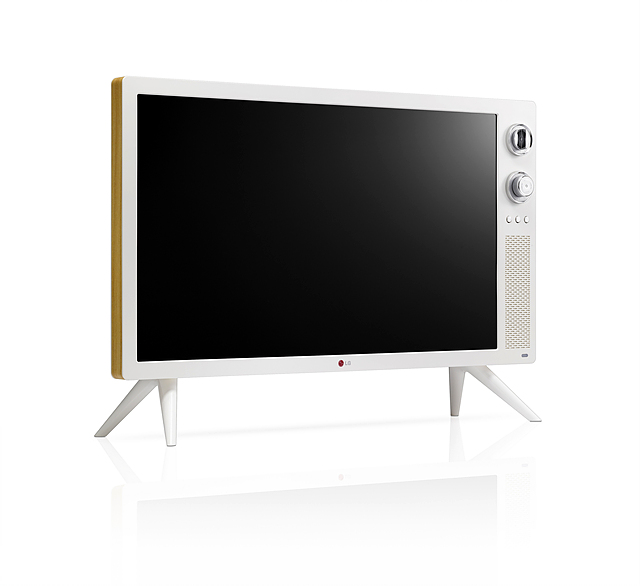 LG 클래식 TV의 전체적인 외관 모습으로 TV를 받쳐주는 스탠드가 있고 전체적으로 화이트 색상에 우드 프레임이 둘러져 있다.