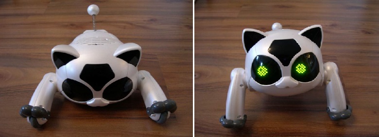 일본 장난감 전문업체 반다이에서 만들어 낸 고양이 모양의 장난감 로봇 BN1. 왼쪽은 BN1이 누워 있는 모습, 오른쪽은 일어난 모습이다.