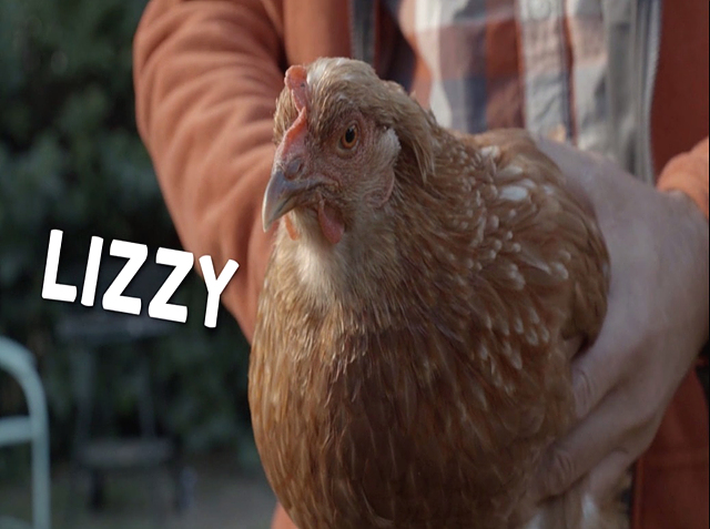 남자 주인공이 최종 선발된 주인공 닭, 리지(Lizzy)를 두 손으로 잡고 있다.