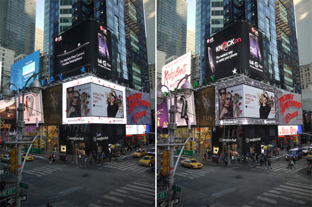 LG전자가 뉴욕 타임스 스퀘어에 있는 LG전자 전광판을 통해 커브드 스마트폰 'G 플렉스' 를 소개하고 있다.