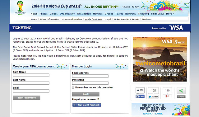 2014 피파 월드컵 브라질로가는 티켓팅 페이지의 모습이다