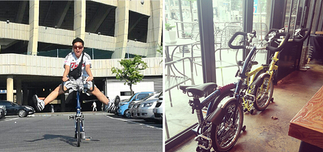 김성철 연구원이 자전거를 타고 다리를 올리고 있다. (좌), 자전거의 모습(우) 