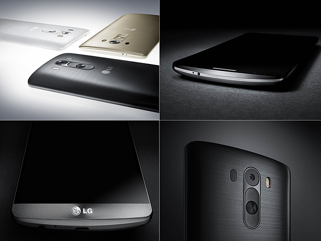 LG G3의 전면부 후면부, 후면 카메라 등의 모습이다