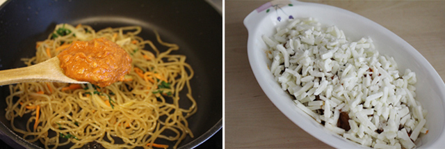 잡채를 스파게티소스에 살짝 볶고(왼쪽) 그 위에 치즈를 듬뿍 올려둔 모습(오른쪽)