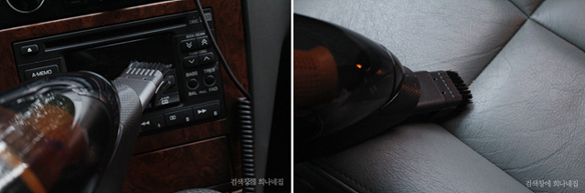 LG 무선핸디스틱청소기의 빌트인 브러시로 차 안의 카세트 틈새와(왼쪽) 소파 틈새를(오른쪽) 청소하고 있다.