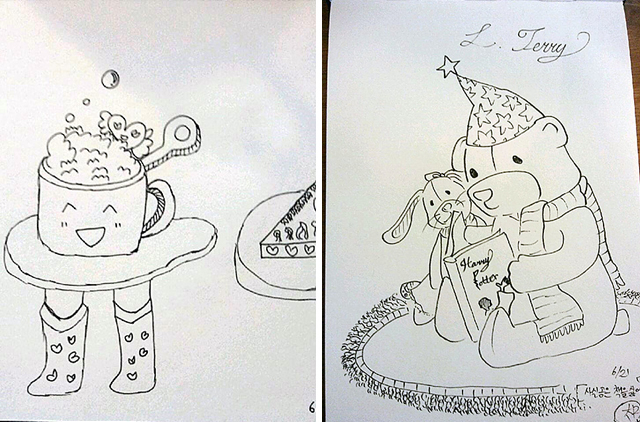 아이들이 직접 그린 그림. 사람 다리가 달린 탁자와(왼쪽) 곰인형과 토끼인형이 책을 읽는 그림(오른쪽)