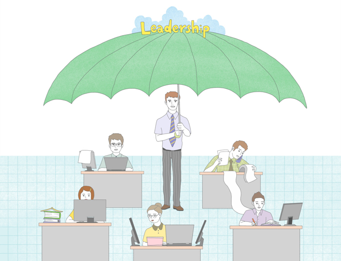 남성이 책상에 앉아 일하고 있는 직원들을 커다란 우산으로 씌워주고 있는 일러스트.