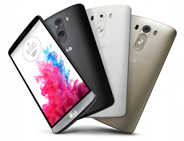 LG G3 메탈릭 블랙과 실크 화이트, 샤인 골드가 차례로 보인다.