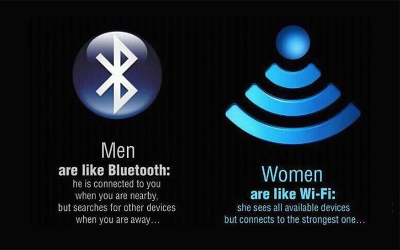'블루투스(Bluetooth)'와 '와이파이(Wi-Fi)'의 표시가 보인다. 블루투스를 남성에 비유하면서 가장 가까운 장비에 연결되지만 대상이 사라지면 다른 장치를 찾는다고 나와 있다. 와이파이를 여성에 비유하면서 모든 장비에서 검색은 가능하지만 가장 강한 하나에만 연결된다고 나와 있다. 