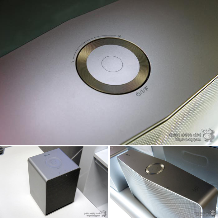 각 3개의 LG 스마트오디오의 온/오프 버튼과 음량 조절 버튼을 클로즈업한 사진