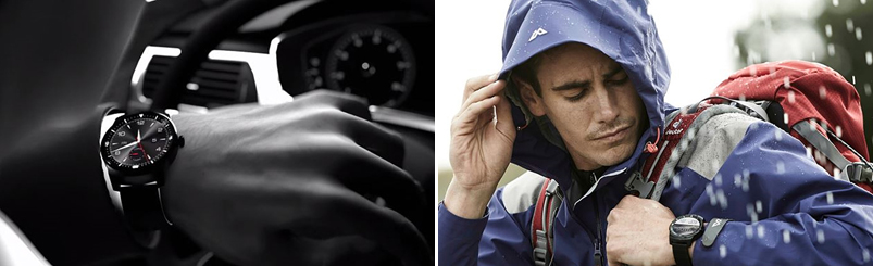 한 남성이 운전 중 스마트워치를 통해 시간을 확인하고 있다.(좌) 비가 내리자 한 남성이 모자를 쓰며 스마트워치로 시계를 보고 있다.(우)