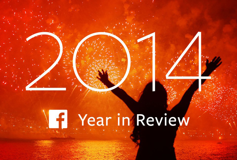 폭죽이 터지는 밤하늘을 배경으로 한 여성이 두 팔을 머리 위로 벌리고 서 있다. '2014 facebook Year in Review' 글귀가 써있다. 