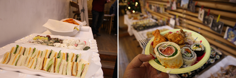 테이블 위로 다양한 핑거푸드가 마련되어 있다.(좌), 음식을 접시에 담은 모습(우)