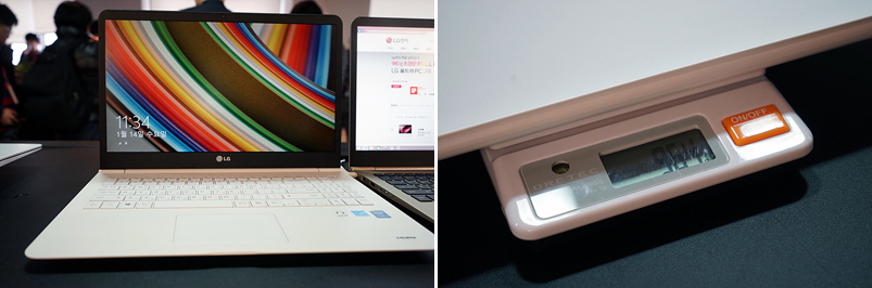 LG PC 그램이 놓인 모습(왼쪽), 저울에 LG 그램을 올려놓으면 980g의 무게를 확인할 수 있다.(오른쪽) 