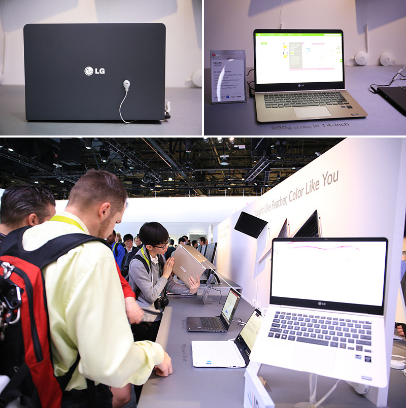 2015년형 울트라 PC 그램의 모습 (왼쪽 위), LG 그램을 직접 체험해 볼 수 있도록 전원이 켜져 있다.(오른쪽 위), LG 그램을 살펴보고 있는 관람객들(아래)