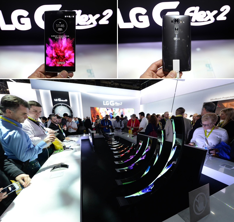 G 플렉스2의 정면 모습(좌), G 플렉스2의 후면 모습(우), 출시된 LG G 플렉스2를 관람객들이 살펴보고 있다.(아래) 