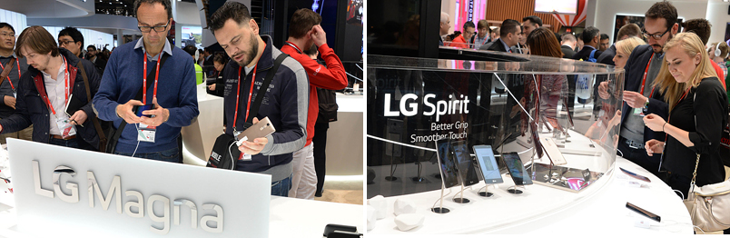 LG전자 보급형 라인업 존.  ‘LG 마그나’, ‘LG 스피릿’을 시연해 보고 있는 관람객들.