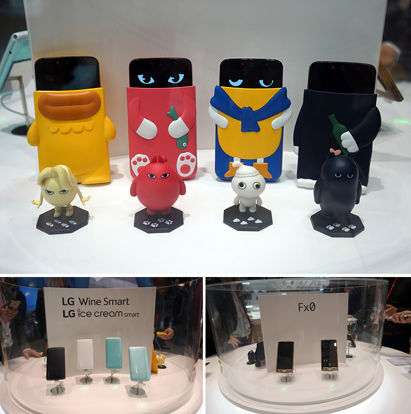 색상별로 놓여진 LG 아카(AKA) 스마트폰과 피규어(위), 와인 스마트와 아이스크림 스마트(좌), Fx0 제품(우)