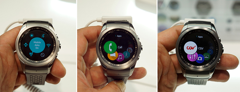 LG 워치 어베인(LG Watch Urbane)을 직접 구동하는 모습. 모바일 데이터를 실행시키는 모습(좌), 전화 어플을 실행시키는 모습(가운데), CGV 앱을 실행시키는 모습(우)