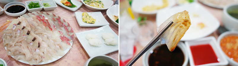 더 블로거 모임에서 먹은 저녁식사. 신선한 회와 초밥이 보인다. 