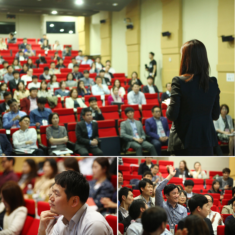 이그나이트 LG에 참여하는 참가자의 뒷모습(위), 발표를 경청하는 관객들(아래)