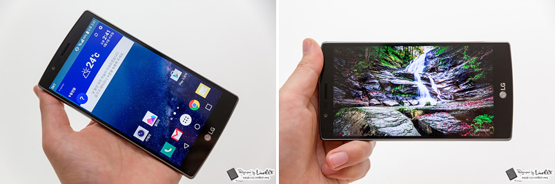 LG 스마트폰을 한 손으로 들고 있는 모습(좌), LG G4 화면으로 폭포가 떨어지는 계곡의 사진을 보고 있다.(우)