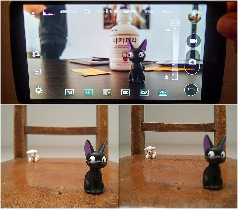 G4 카메라의 아웃포커싱 기능을 활용해 촬영한 사진. 앞의 고양이에 초점이 맞은 사진(좌), 뒤의 강아지에 초점이 맞은 사진(우)
