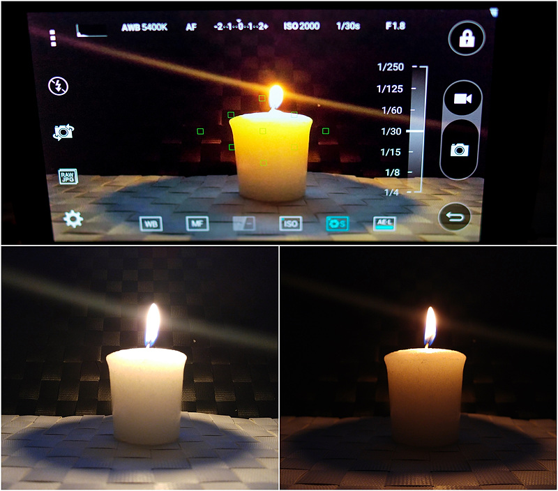 G4 카메라로 어둠 속에서 촛불을 촬영하고 있다.(위), 색감을 밝게 조정한 사진(좌), 색감을 부드럽게 조정한 사진(우)
