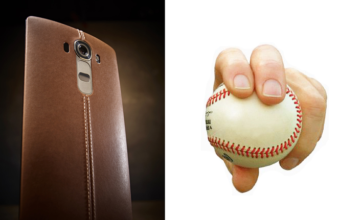 갈색 가죽 커버의 LG G4(좌), 한 손으로 야구공을 쥐고 있는 이미지(우)