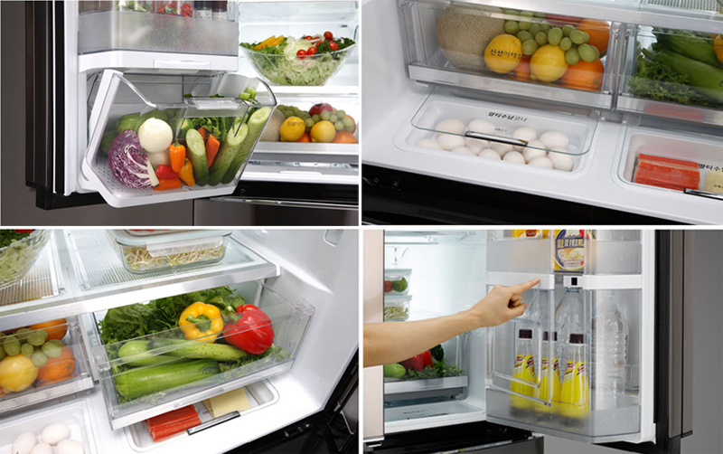 LG 더블 매직 스페이스 냉장고 수납 공간 왼쪽 상단부터 시계방향으로 알뜰 야채실, 멀티수납코너, 신선야채실, 무빙바스켓
