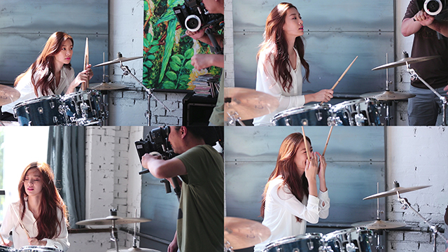 LG V10 라이프스타일 영상 촬영 중 드럼을 연주하는 스테파니 리.