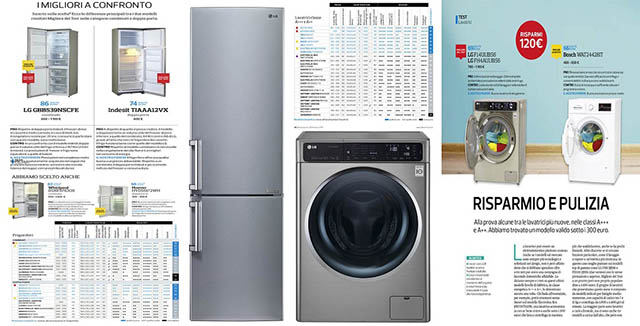 이탈리아 소비자 매체인 '알트로콘수모' 3월호의 드럼세탁기와 냉장고 성능 평가 결과와 LG 드럼세탁기, 냉장고 제품 연출이미지입니다.