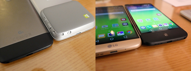 LG G5 프렌즈(좌), LG G5 테이블에 진열된 모습(우)