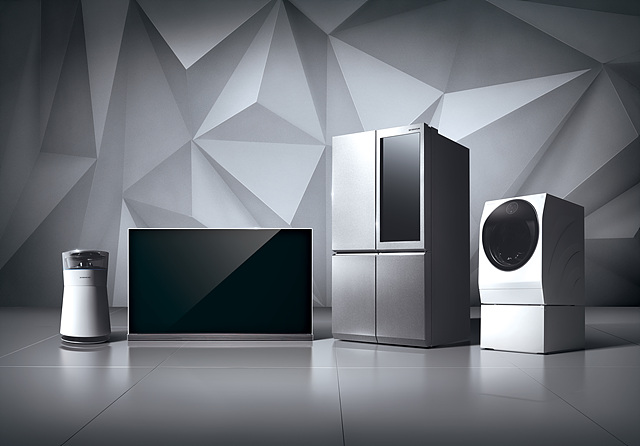 LG 시그니처 공기청정기, 올레드 TV, 냉장고, 세탁기의 모습입니다.