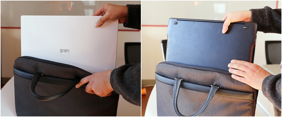 15인치 노트북 가방에도 문제 없이 들어가는 ‘LG 그램 17’(왼쪽), 타사 15인치 노트북을 같은 노트북 가방에 넣는 장면(오른쪽)