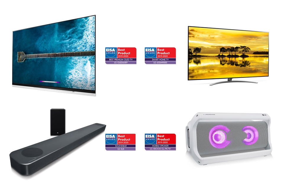 왼쪽 상단부터 시계 방향으로 ‘LG 올레드 TV AI ThinQ’, ‘LG 나노셀 TV AI ThinQ’, , ‘LG 엑스붐 고(XBOOM Go)’, ‘LG 사운드 바’