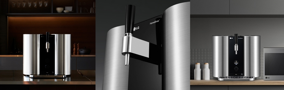 원통 모양의 스테인리스 통을 반영한 LG 홈브루 외관 디자인