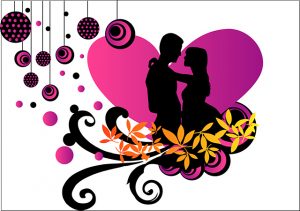 커플이 보라색하트 속에 그림자로 비치는 모습