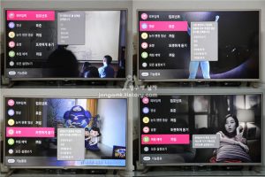 왼쪽 위부터 시계방향으로 외부입력, 영상,취침 예약, 음향 기능을 설정하는 모습