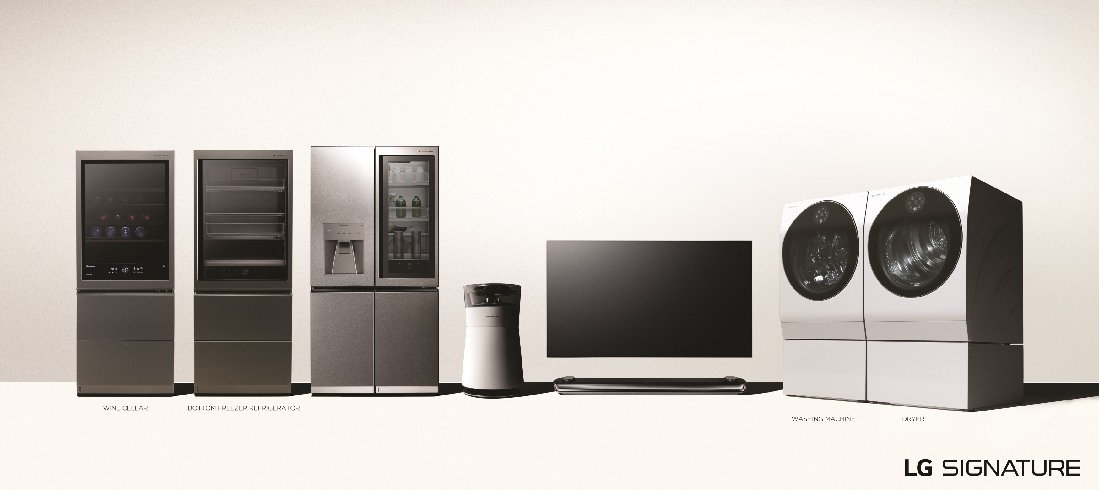 LG전자의 초프리미엄 가전 'LG 시그니처'의 전 제품 이미지. 왼쪽부터 와인셀러, 상냉장 하냉동 냉장고, 냉장고, 공기청정기, 올레드 TV, 세탁기, 건조기.