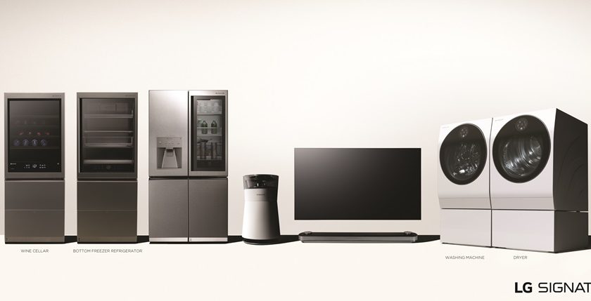 LG전자가 ‘LG 시그니처’ 라인업에 인공지능 LG 씽큐(LG ThinQ)를 적용한 와인셀러, 상냉장 하냉동 냉장고, 건조기 등 3종의 신제품을 추가한다. LG전자는 기존에 출시한 냉장고, 세탁기, 공기청정기에도 순차적으로 인공지능 플랫폼을 탑재하기로 했다. LG전자의 초프리미엄 가전 'LG 시그니처'의 전 제품 이미지. 왼쪽부터 와인셀러, 상냉장 하냉동 냉장고, 냉장고, 공기청정기, 올레드 TV, 세탁기, 건조기.