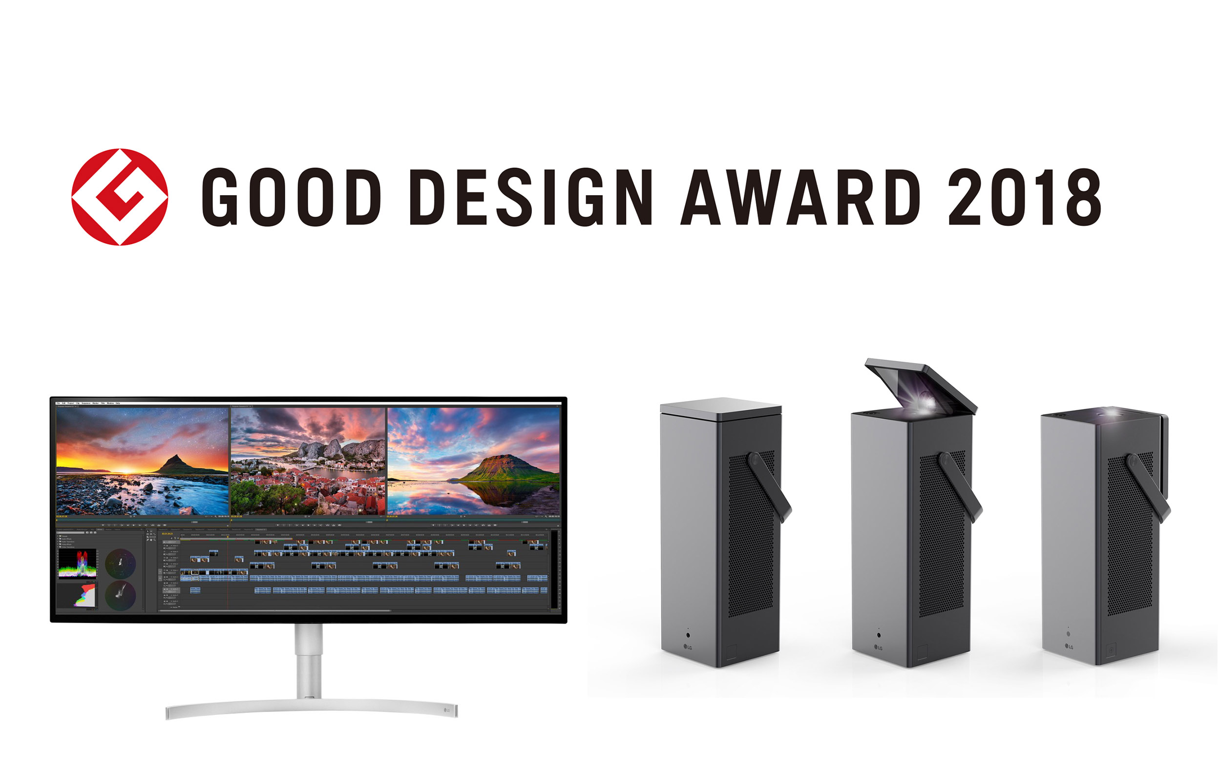 일본디자인진흥회가 발표한 ‘굿디자인상 어워드 2018(Good Design Award 2018)’에서 ‘Best 100’에 선정된 ‘LG 울트라와이드 모니터'와 ‘LG 시네빔 레이저 4K’ 