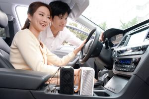 LG전자가 22일 휴대용 공기청정기 ‘LG 퓨리케어 미니 공기청정기’를 출시한다. 사진은 모델이 자동차에서 LG 퓨리케어 미니 공기청정기를 사용하는 모습