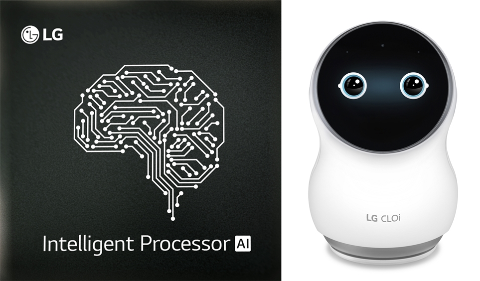 LG전자의 가전용 AI칩(왼쪽)과 인공지능 홈로봇 ‘LG 클로이 홈’(오른쪽)