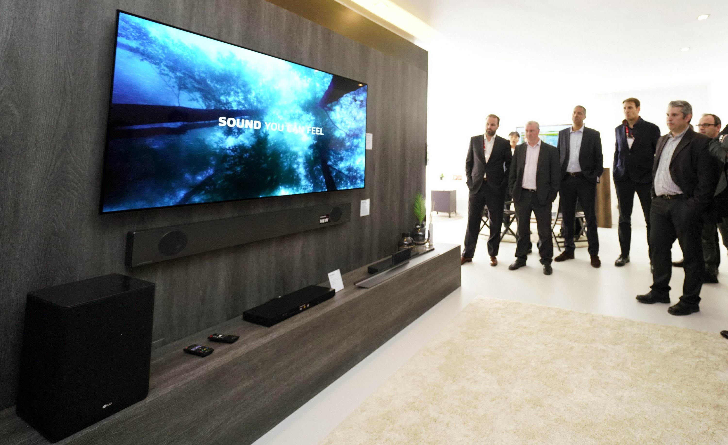 유럽 거래선 관계자들이 2019년형 LG 올레드 TV를 살펴보고 있다.