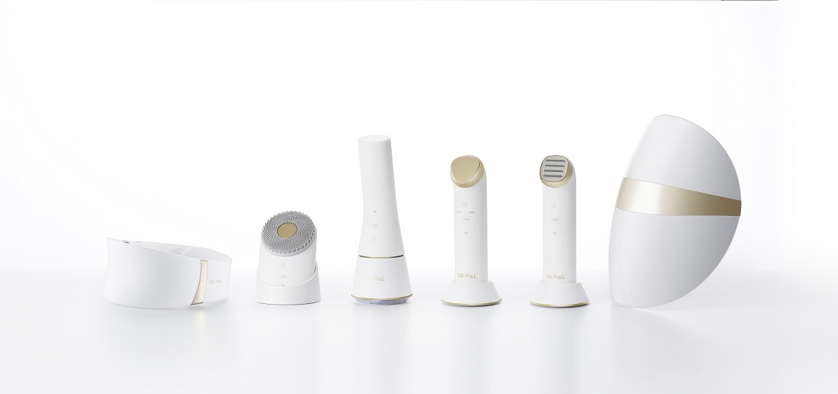 LG 프라엘 6종 제품 이미지. 왼쪽부터 더마 LED 넥케어, 초음파 클렌저, 듀얼 브러시 클렌저, 갈바닉 이온 부스터, 토탈 타이트 업 케어, 더마 LED 마스크.